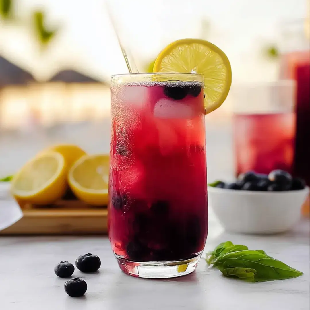 A chilled glass filled with red juice, plus lemons and blueberries for a splash of color.