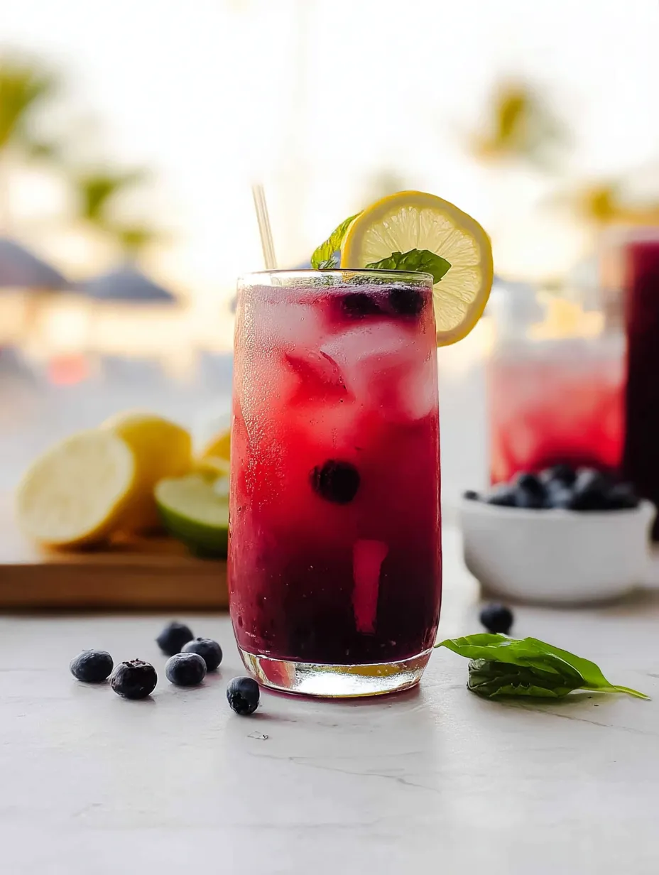A blueberry lemonade in a glass with a slice of lemon next to it.