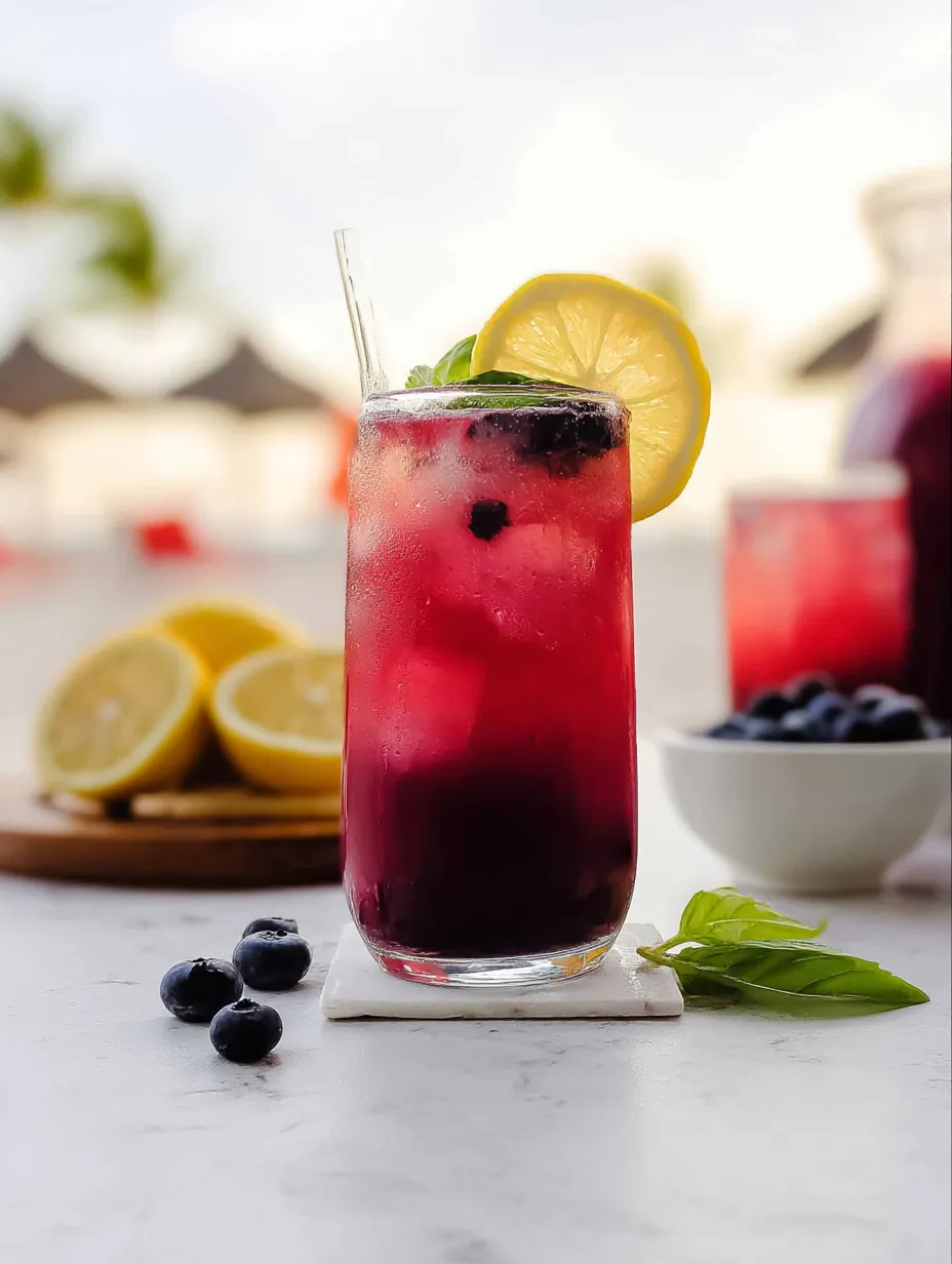 A blueberry lemonade in a glass with a slice of lemon next to it.