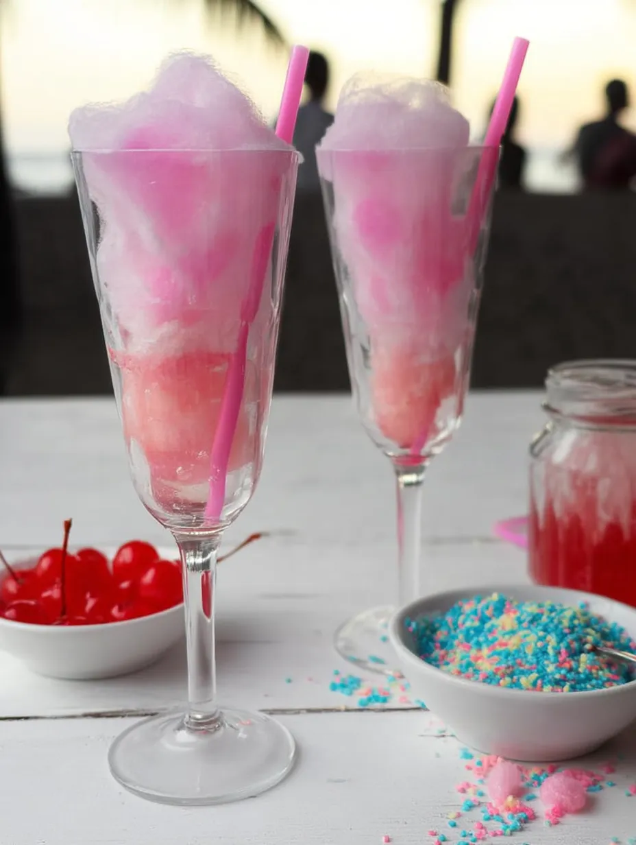 Glasses holding pink cotton candy.