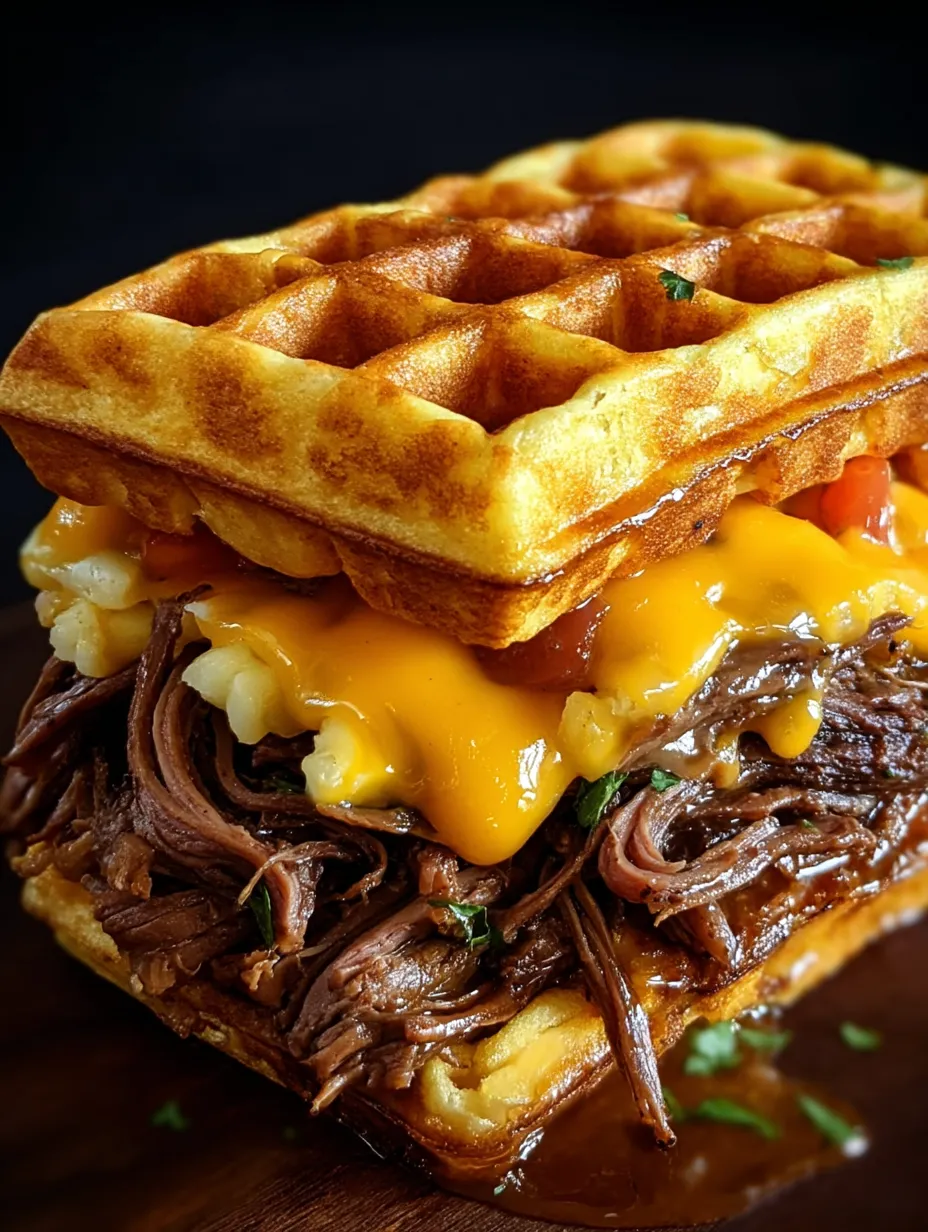A close up of a delicious waffle sandwich.