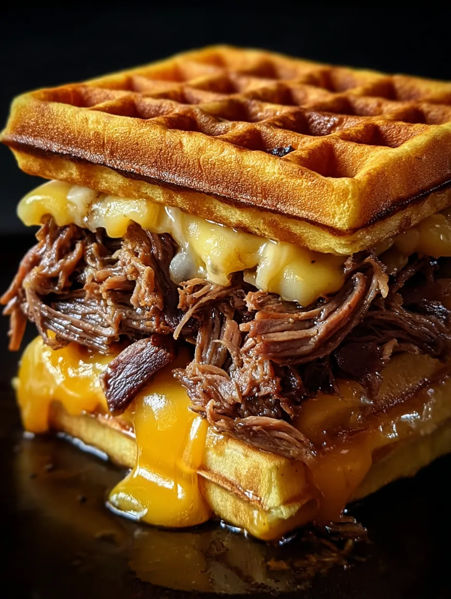 A close up of a delicious waffle sandwich.