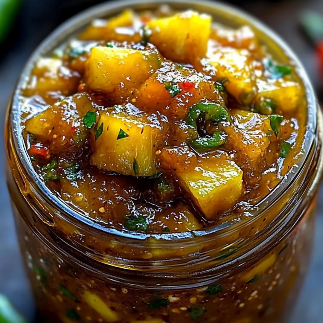 A jar filled with sweet and spicy pineapple chutney.