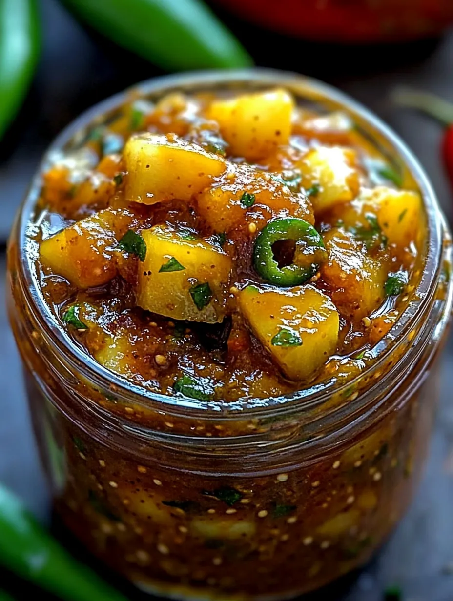A jar of salsa with chili peppers and cilantro.