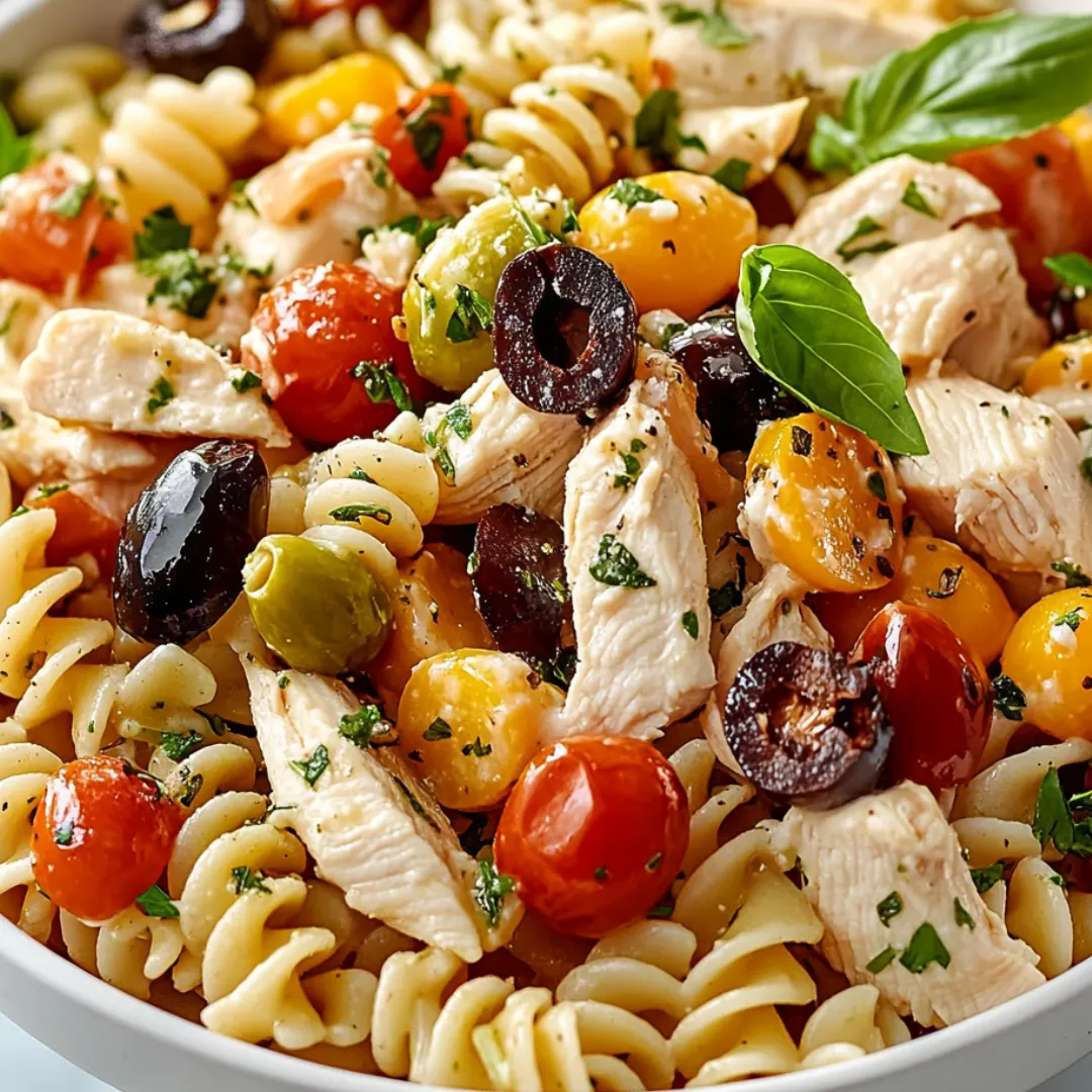 Big bowl filled with noodles, chicken pieces, tomatoes, olives, and some fresh basil.