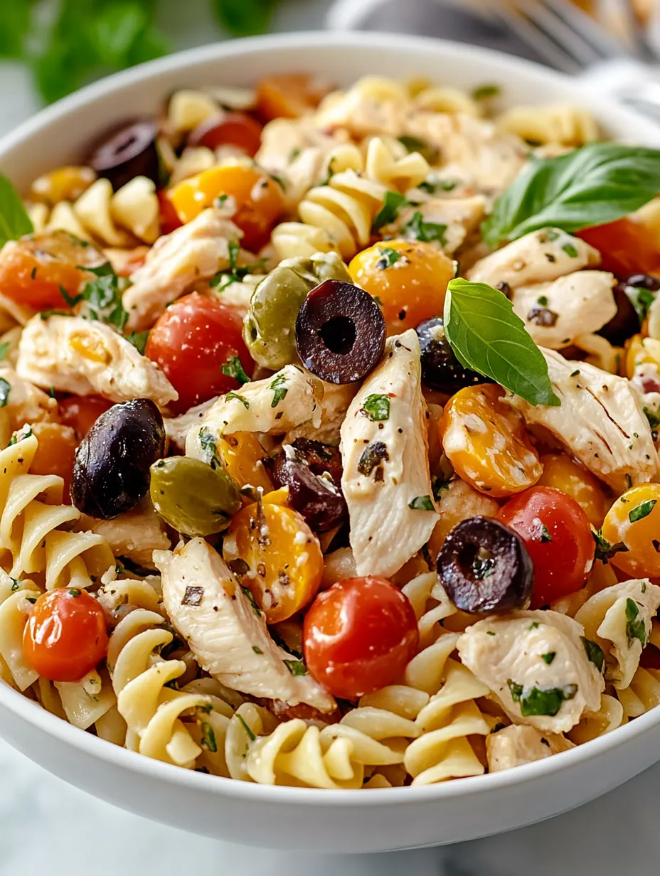 A bowl filled with pasta, chicken, and veggies.