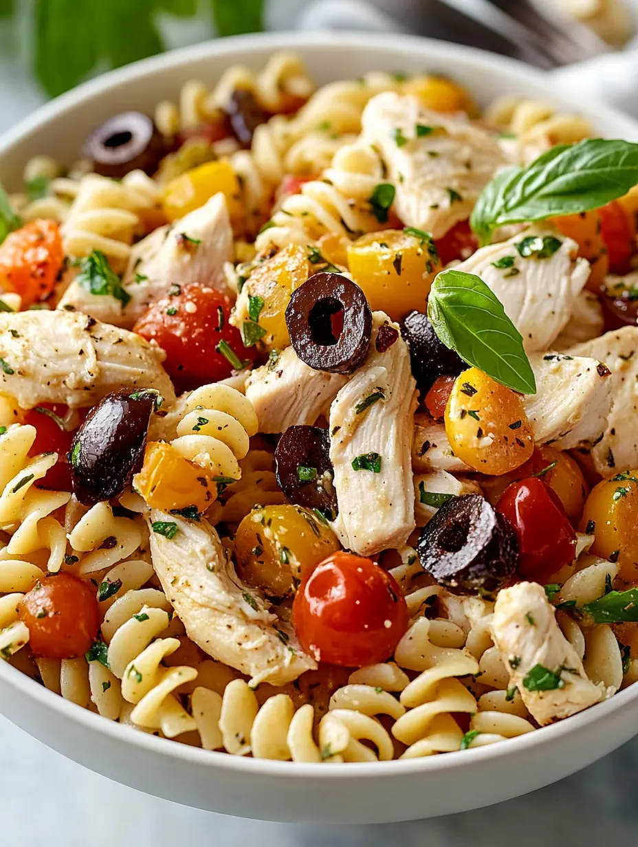 A bowl with chicken, pasta, tomatoes, olives, and basil.