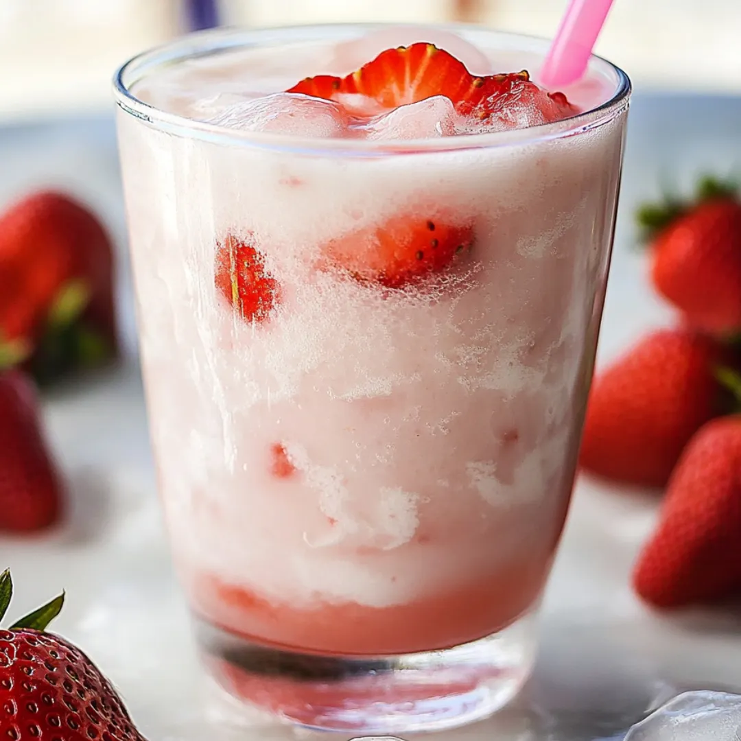 A tall glass of cold strawberry milk with a pink straw poking out.