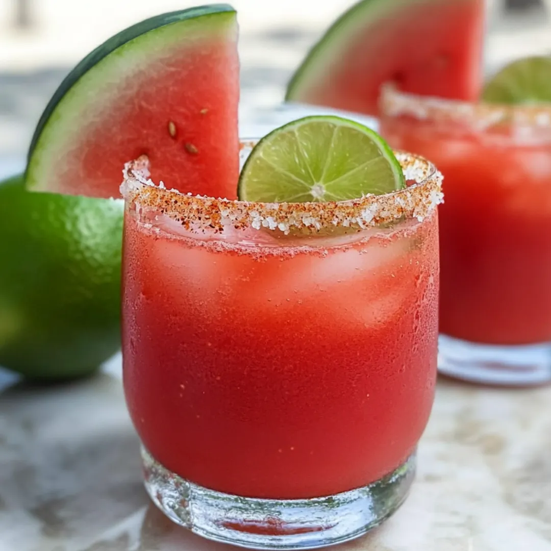 Chilled red drink topped with watermelon and lime wedge.
