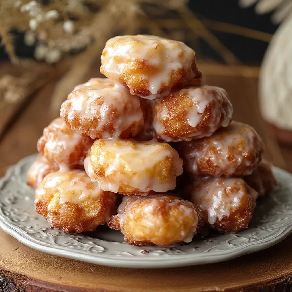 Pile of apple fritter bites on a dish.