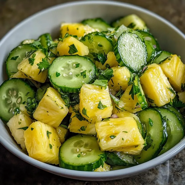 A bowl with pineapple and cucumber slices showing off their colors.