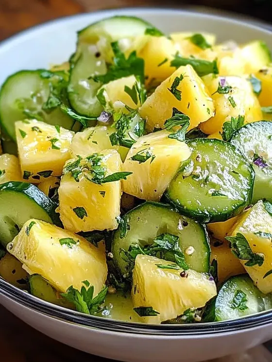 A bowl full of pineapple and cucumber slices.
