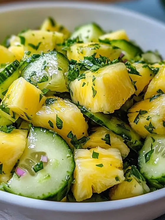 A bowl full of cucumbers and pineapple slices.