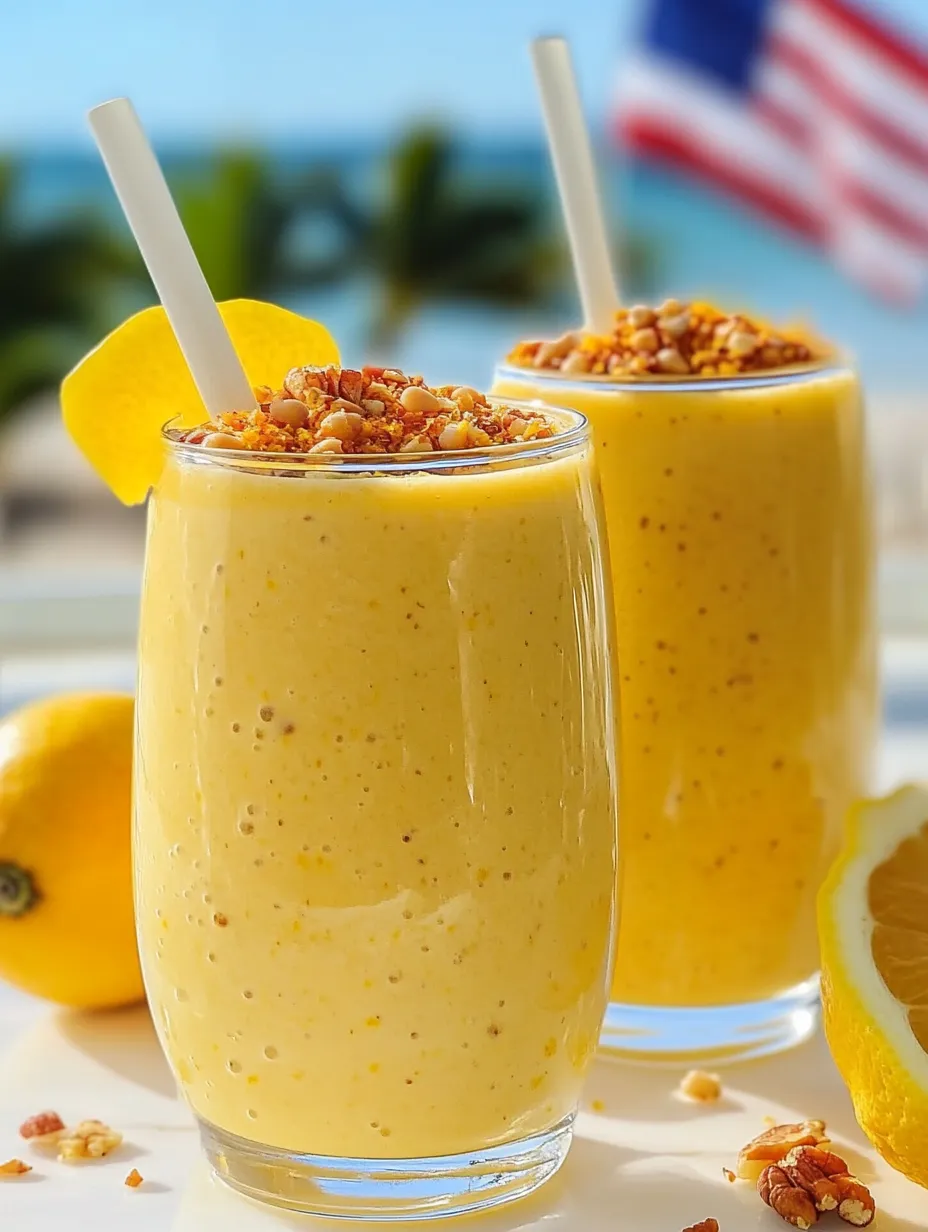Two glasses filled with orange-colored juice and topped with lemon rounds.