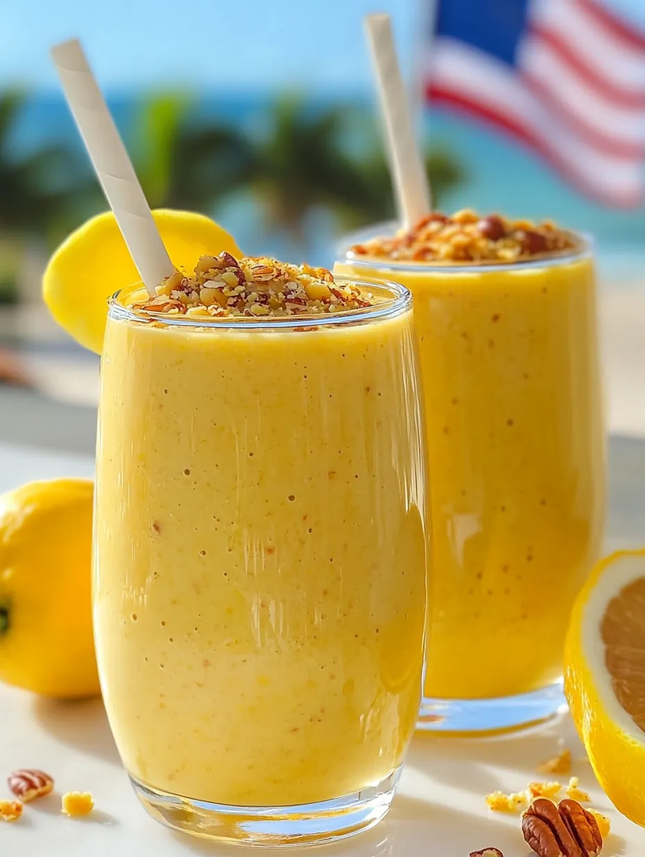 Pair of glasses with orange juice and lemon wheels on top.