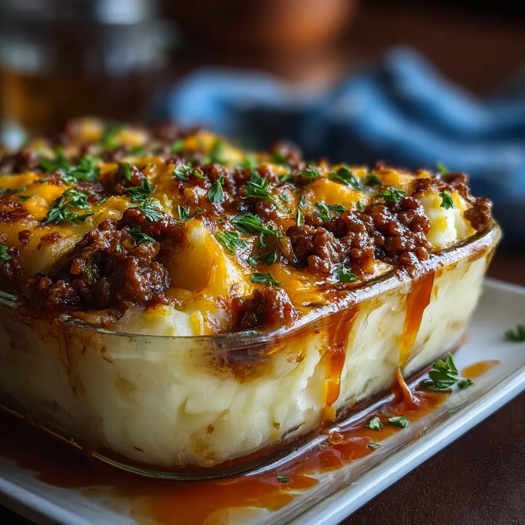 Baked cheesy casserole in a glass baking dish.