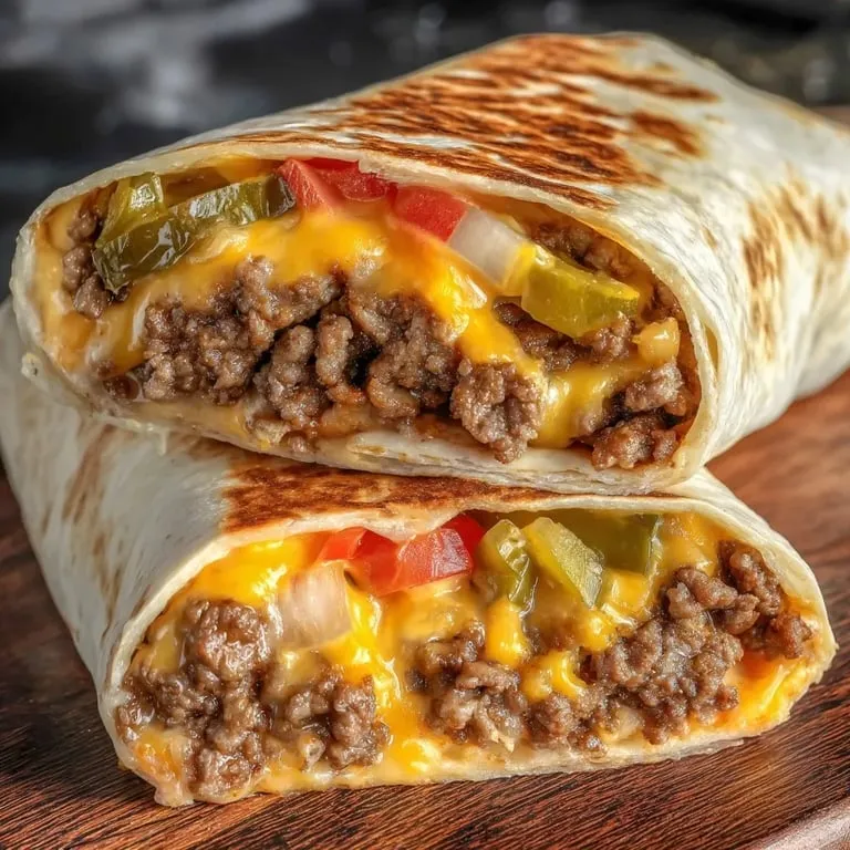 Burrito surrounded by cheese and beef inside.