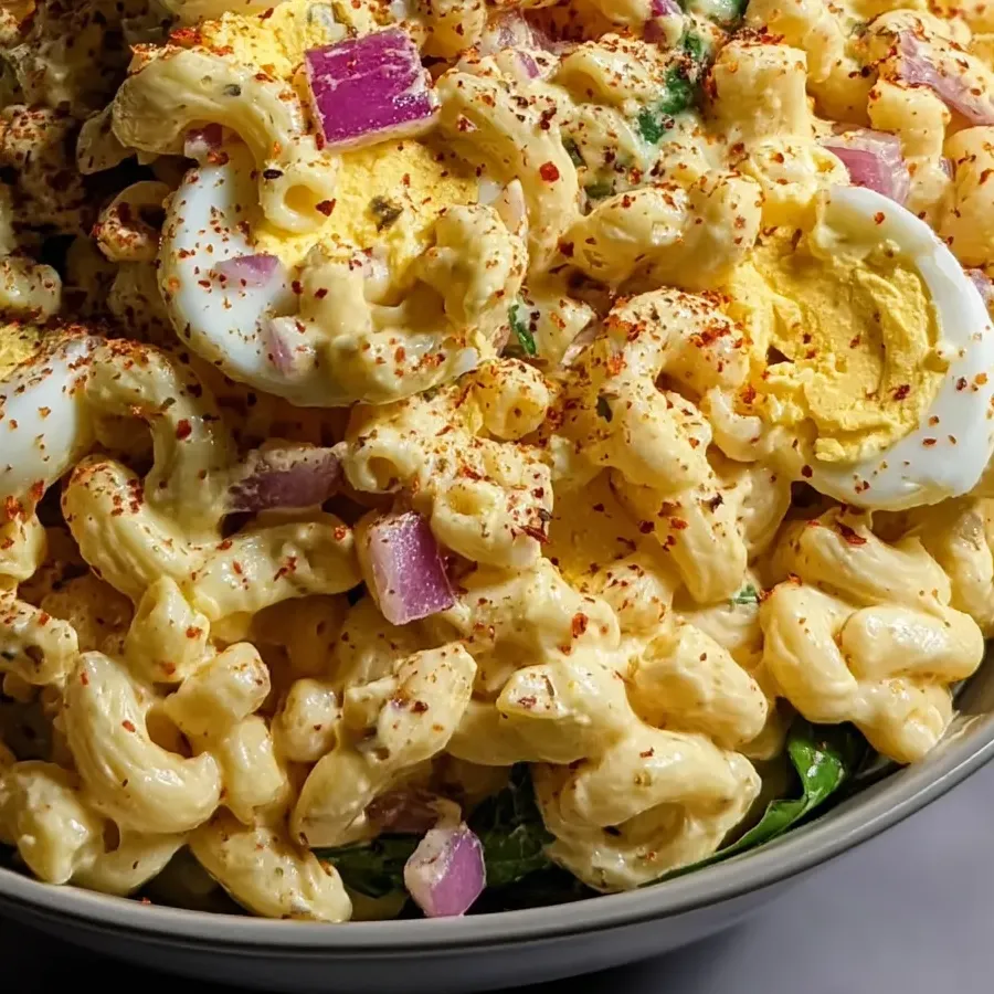 Macaroni and cheese loaded with eggs in a bowl.