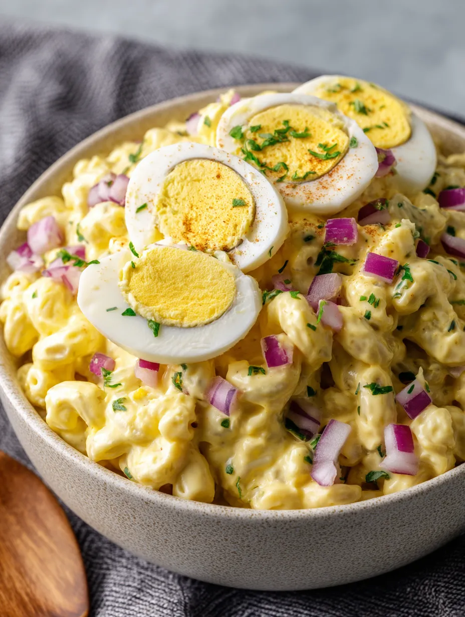 A bowl of mac salad topped with eggs.