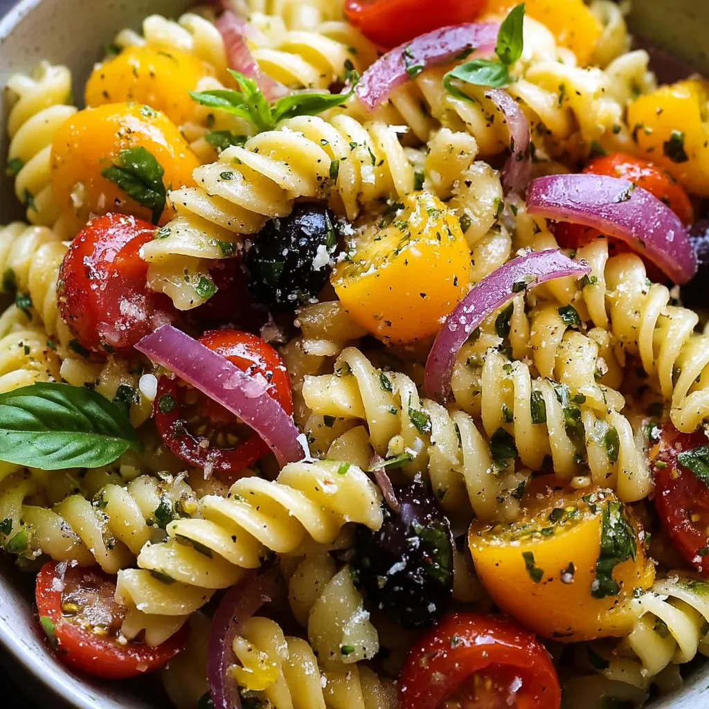 A serving bowl filled with pasta, juicy tomatoes, and bright basil leaves.