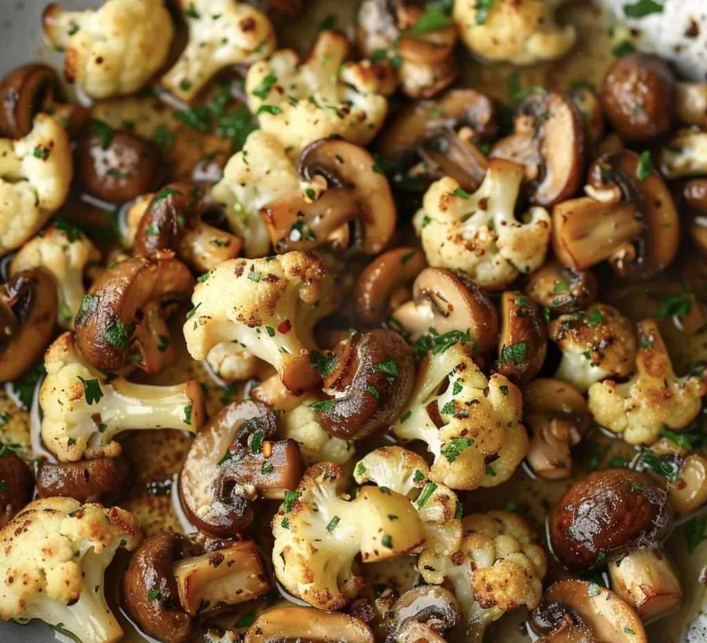 Close-up shot of a bowl filled with cauliflower and mushrooms.