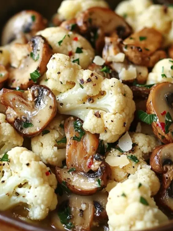 Big close shot of tasty cauliflower and mushrooms.