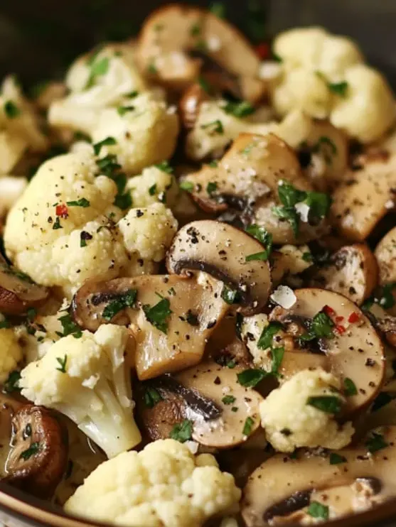 Close shot with mushrooms and cauliflower together.