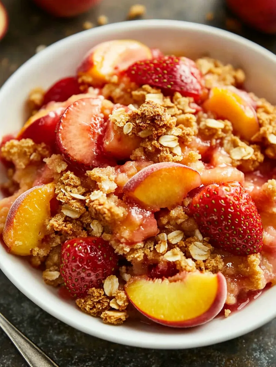 A bowl of fruit with strawberries, peaches, and other fruits.
