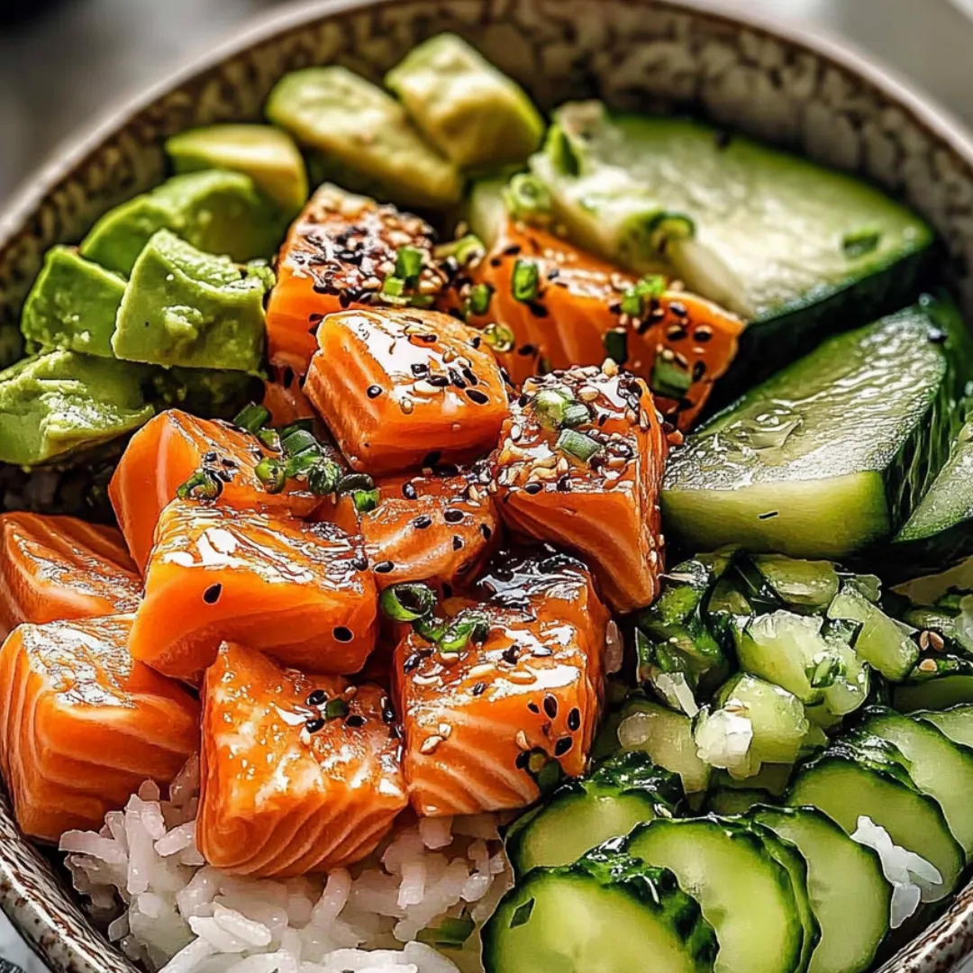 A bowl stuffed with rice, slices of cucumber, and avocado pieces.
