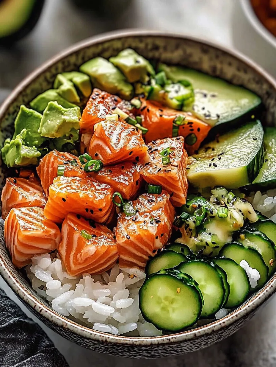 A bowl of food with rice, cucumbers, and fish.