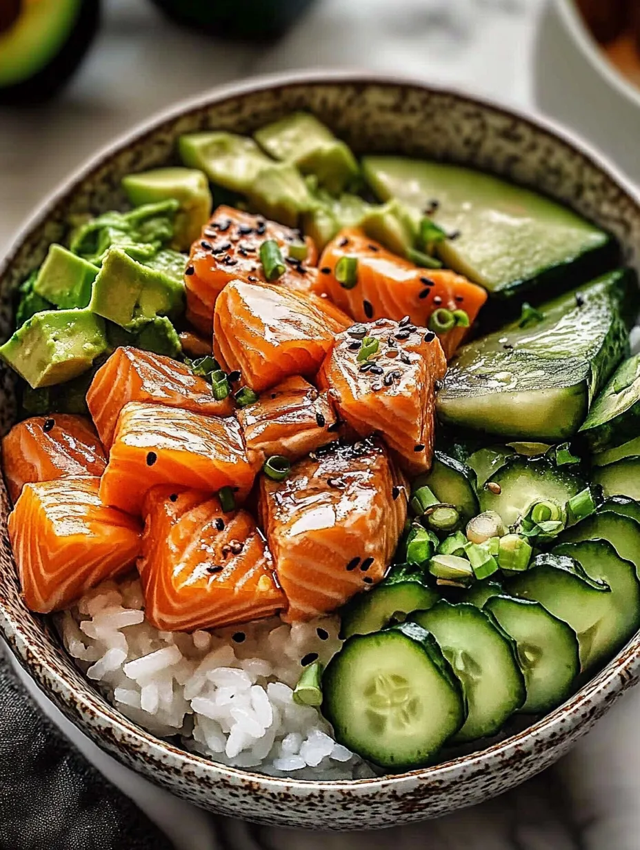 A bowl of sushi with rice, cucumbers, and avocado.