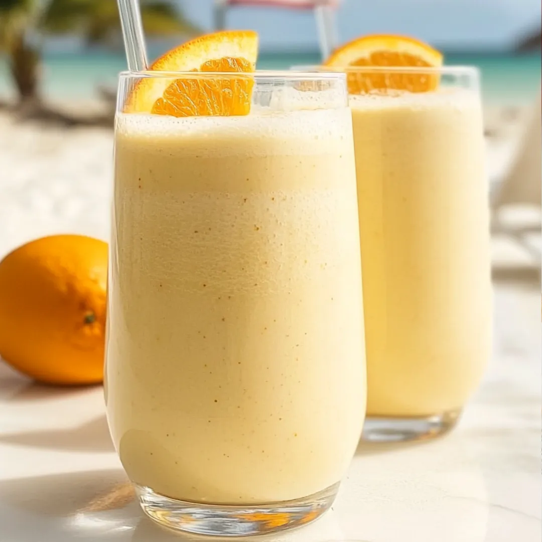 Two glasses filled with orange drink, each holding orange slices.