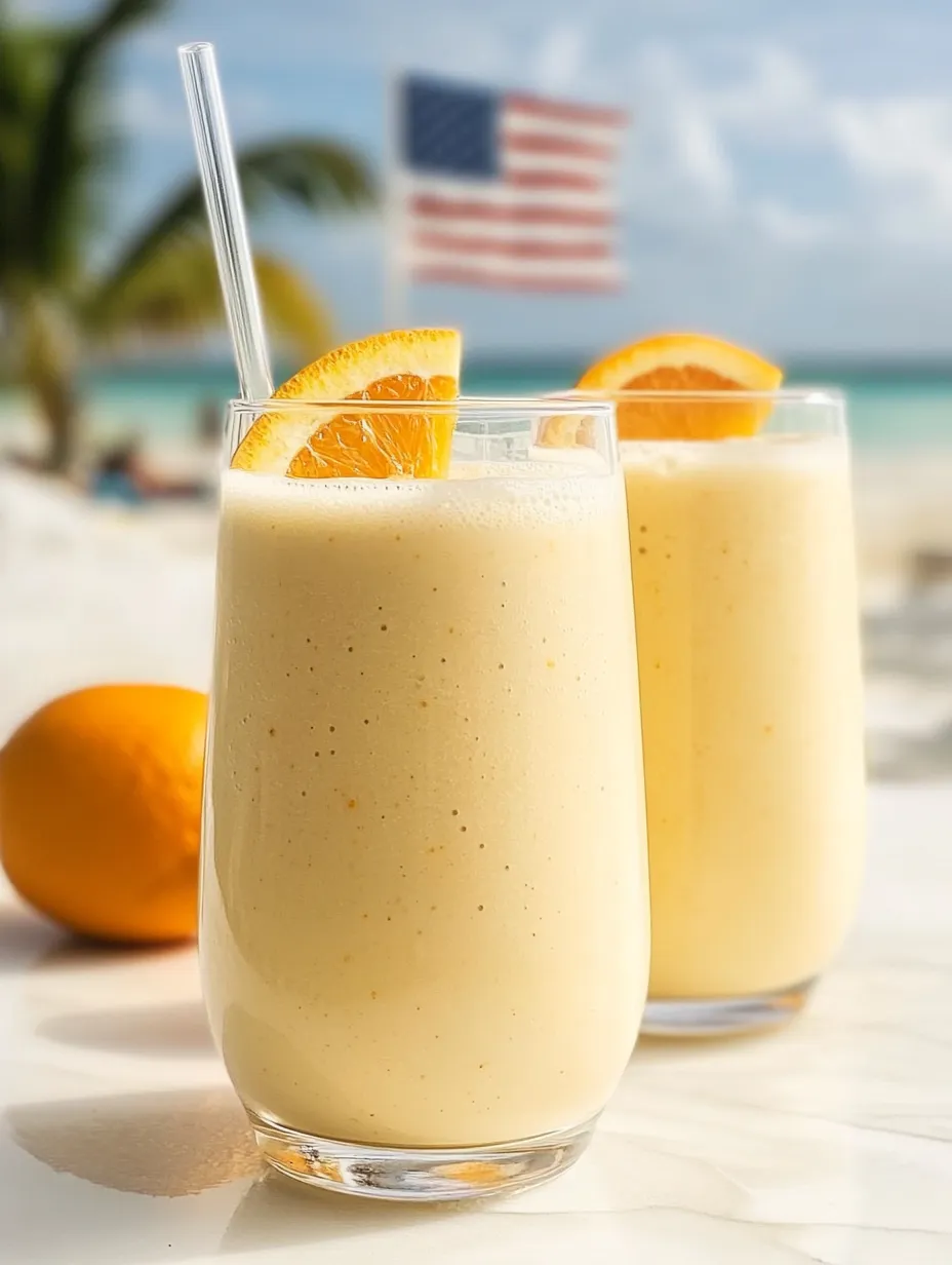 Two glasses filled with orange smoothie, surrounded by orange slices.