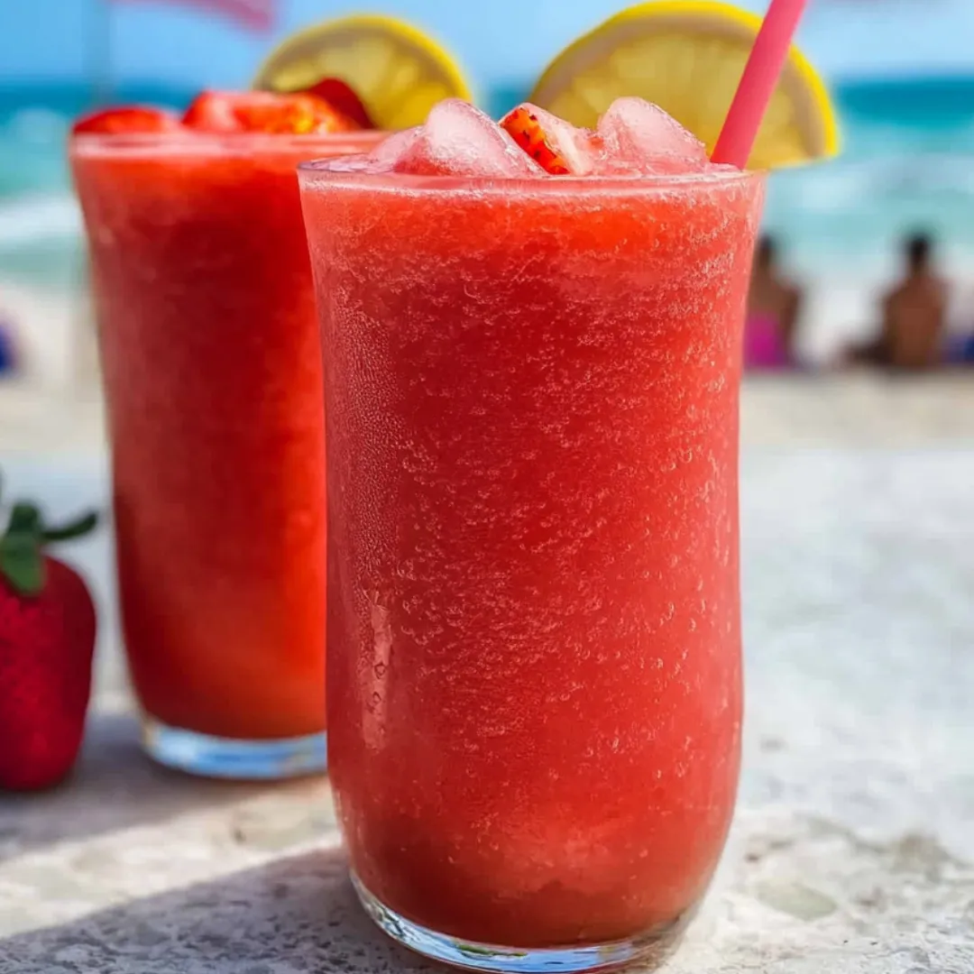 There are two glasses with a bright red drink sitting on a table.