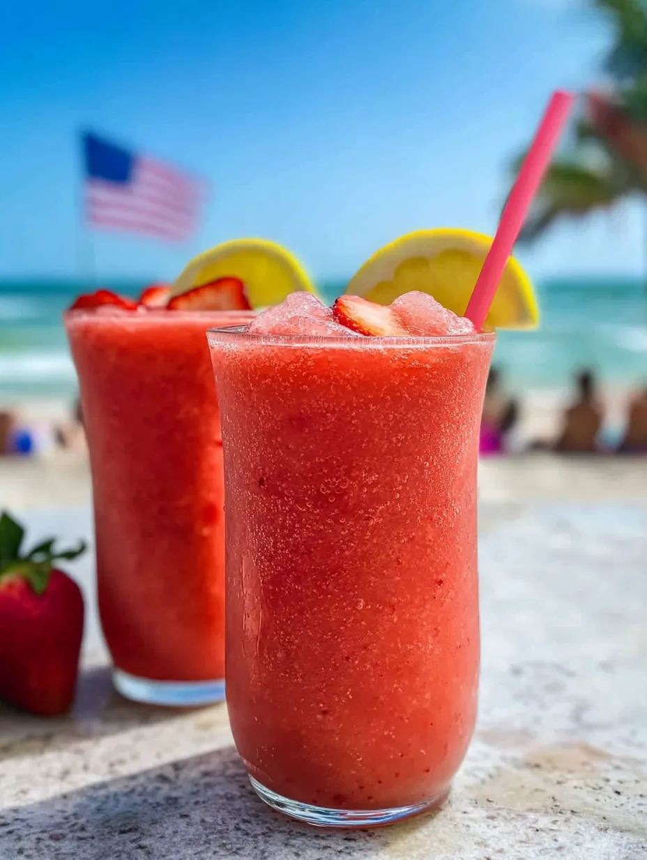 Strawberry drinks served in glasses with lemon wheels.