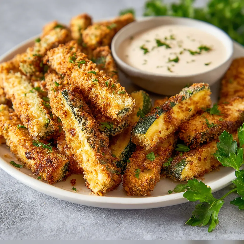 A plate stacked with fried zucchini sticks next to some dipping sauce.