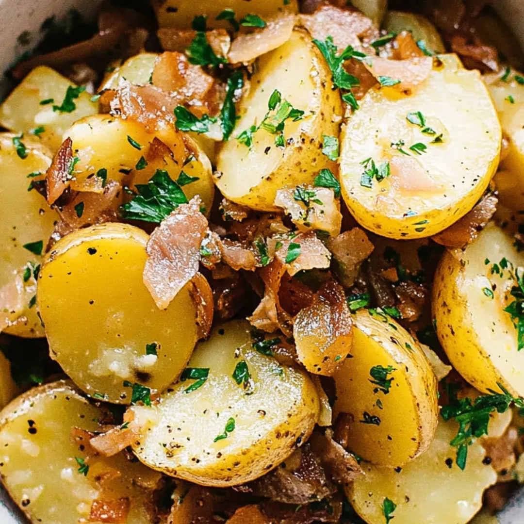 Potato and onion salad in a dish.