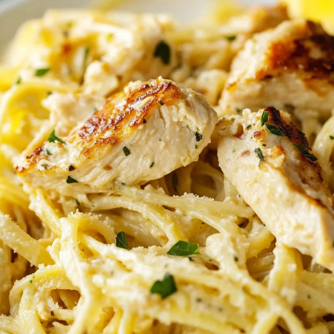 A dinner plate with pasta topped by slices of chicken.