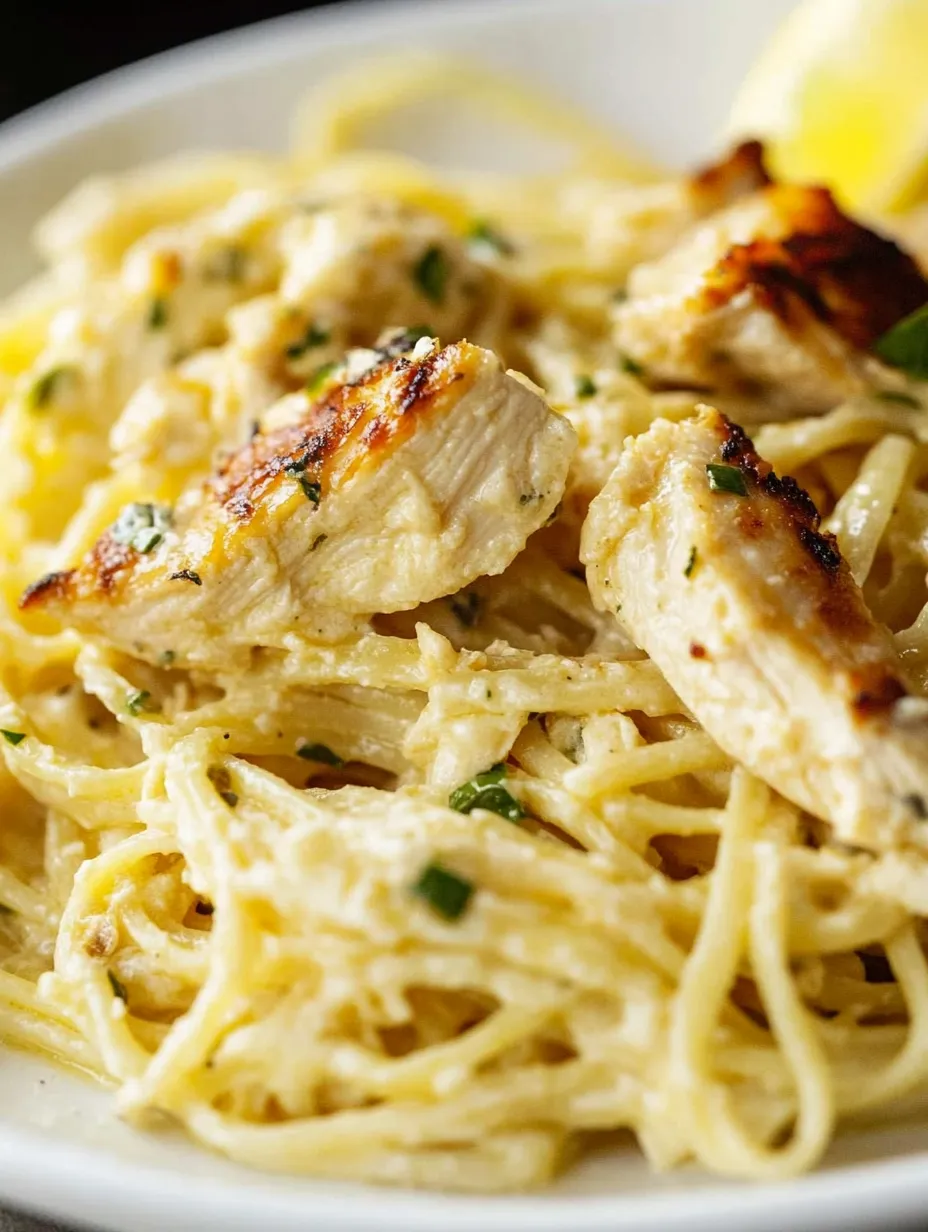A plate of pasta with chicken and herbs.