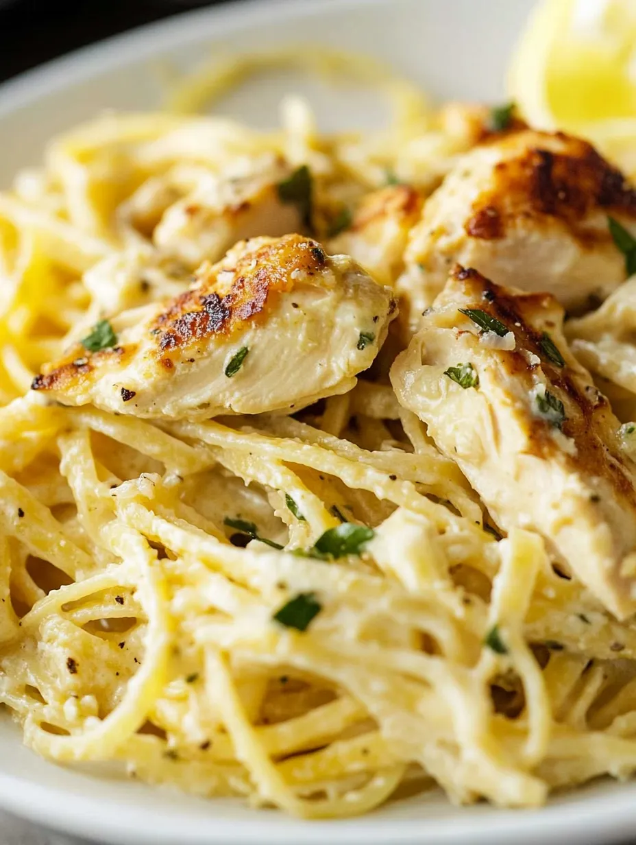 A plate of pasta with chicken on top.