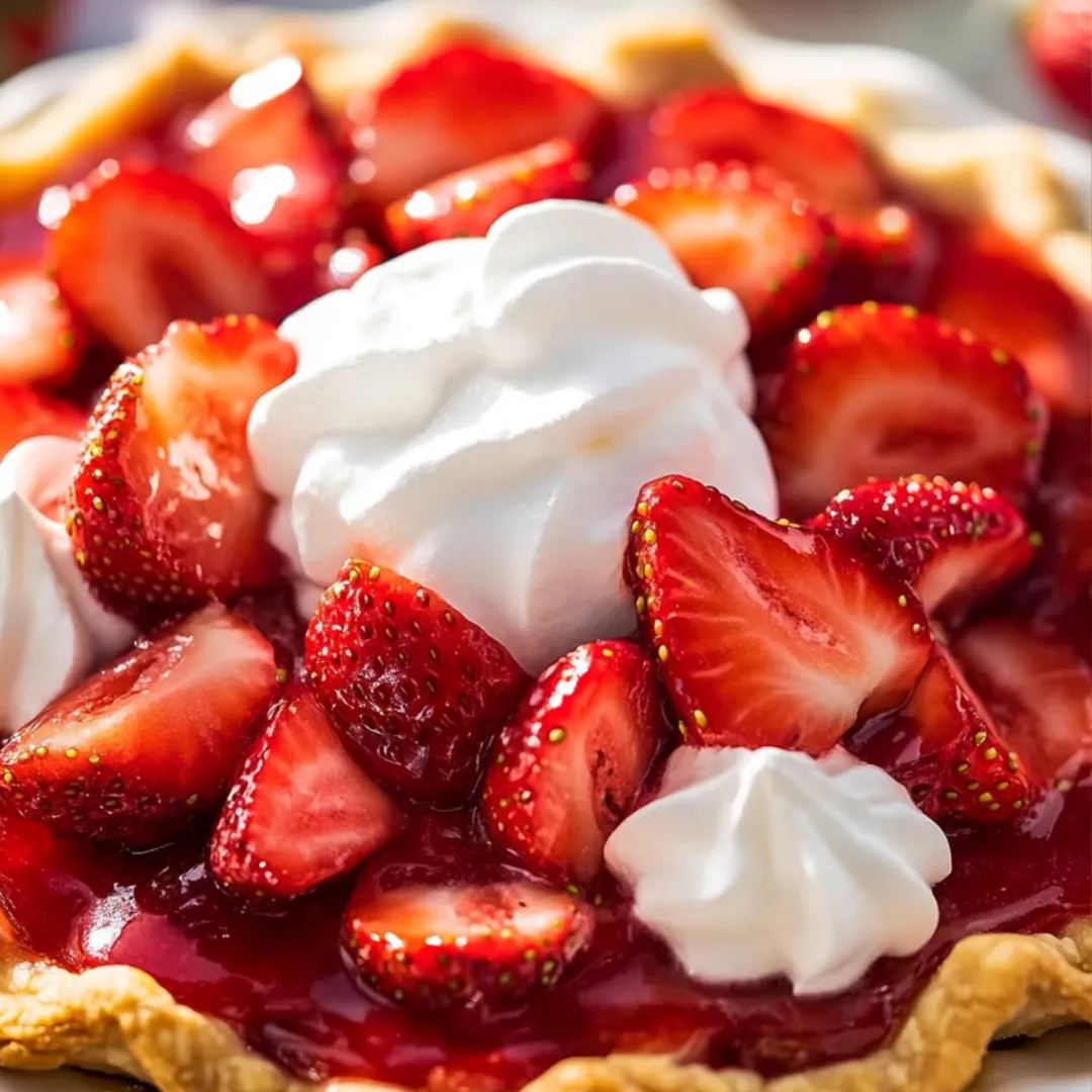 Slice of strawberry pie topped with whipped cream, ready to eat.