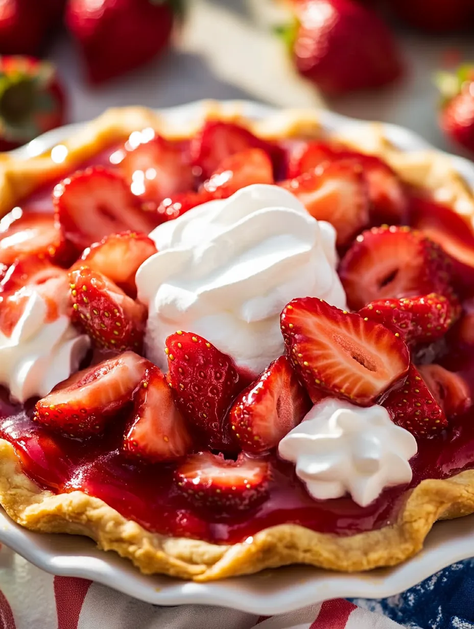 A slice of pie with strawberries and whipped cream.