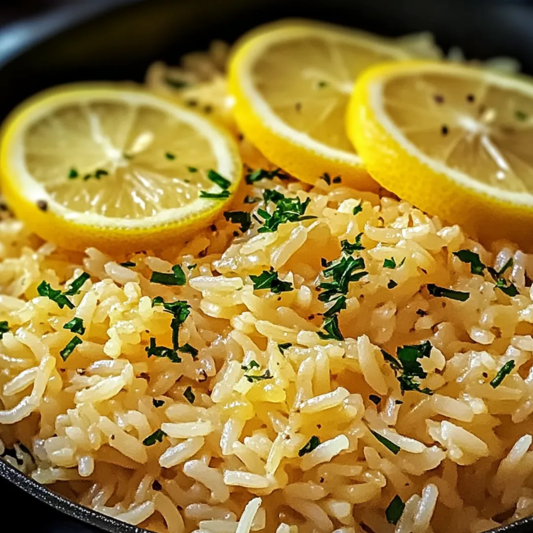 Rice in a bowl, topped with slices of lemon.