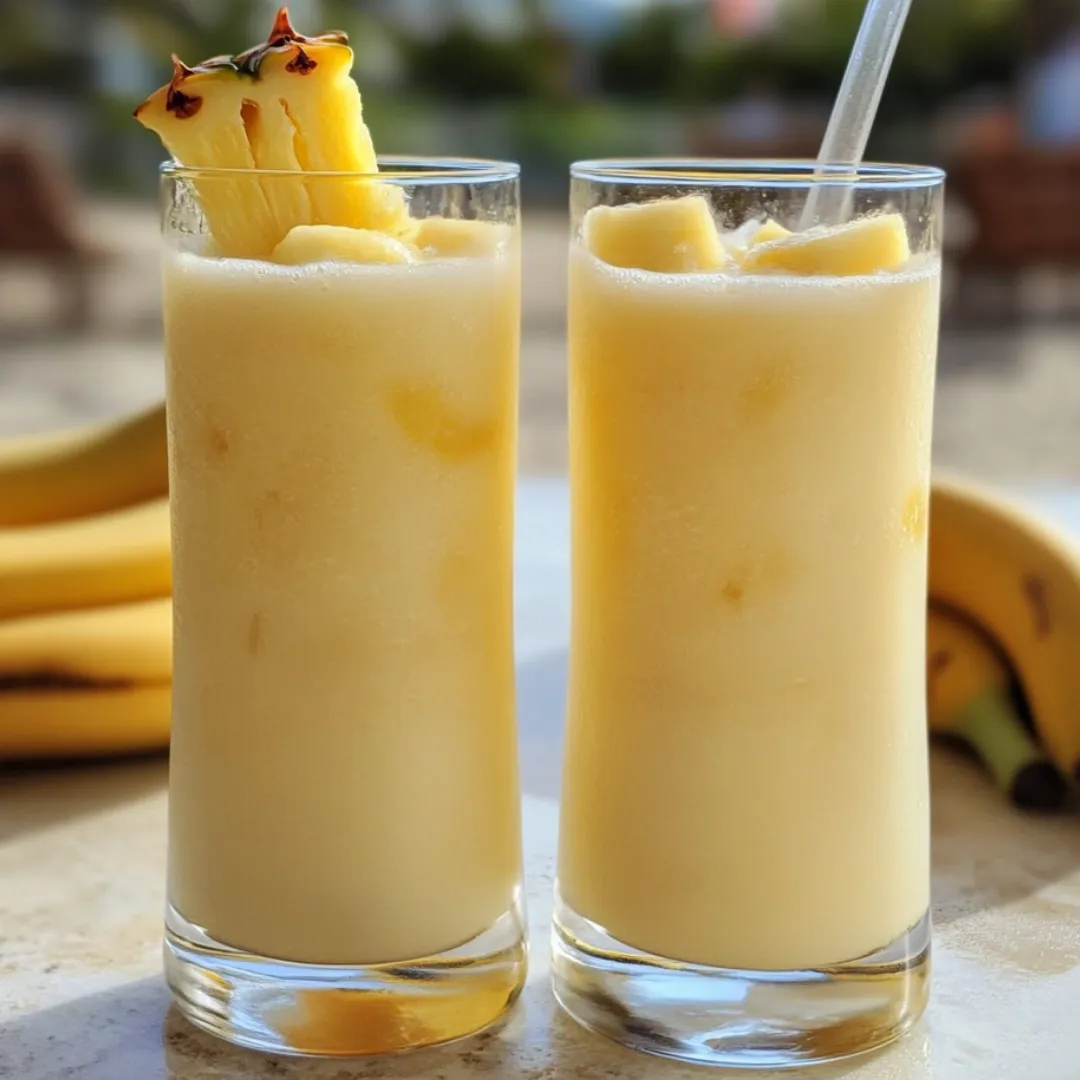 Two glasses filled with pineapple-banana juice.