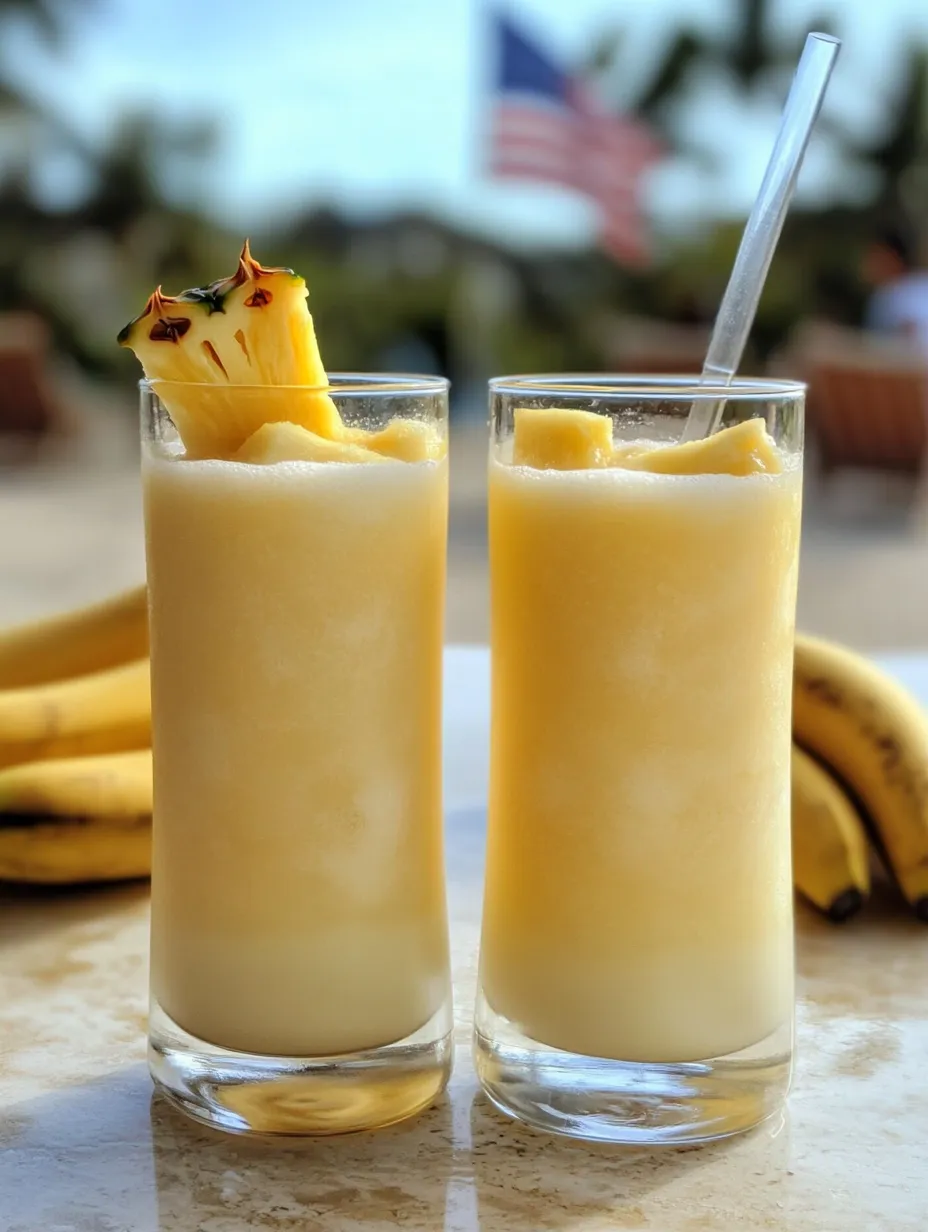 Two glasses filled with bright yellow pineapple banana agua fresca.