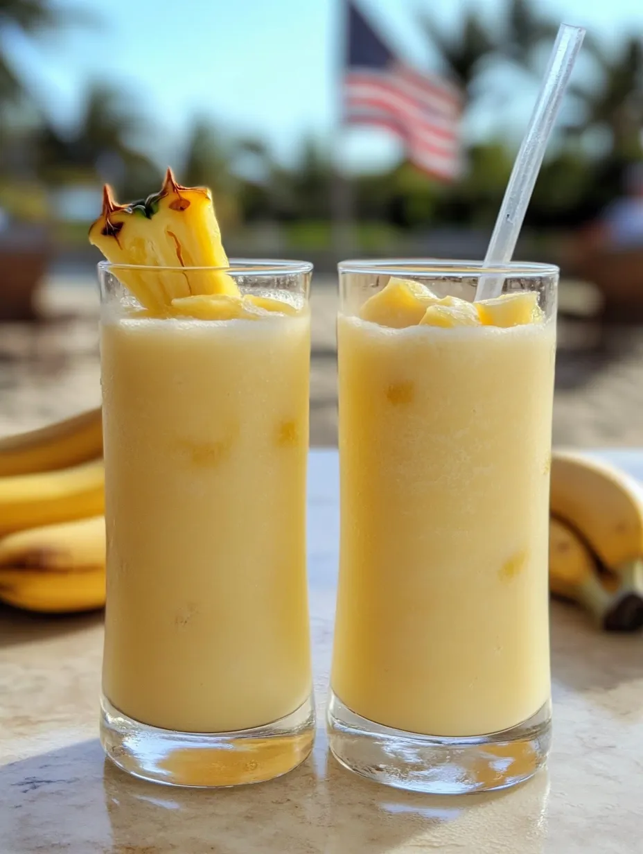 Two glasses filled with bright yellow pineapple banana agua fresca.