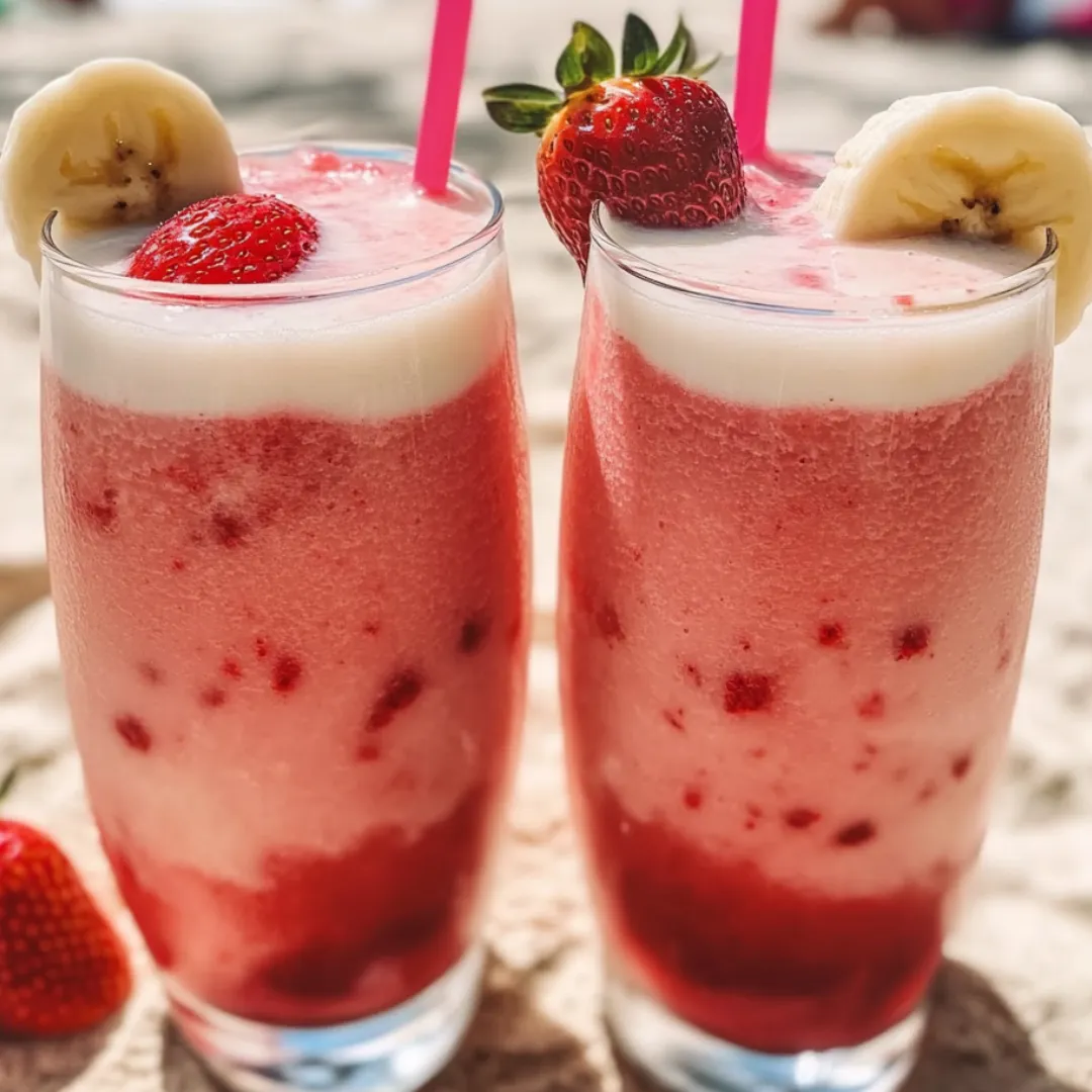 Two cups of strawberry milk on display.