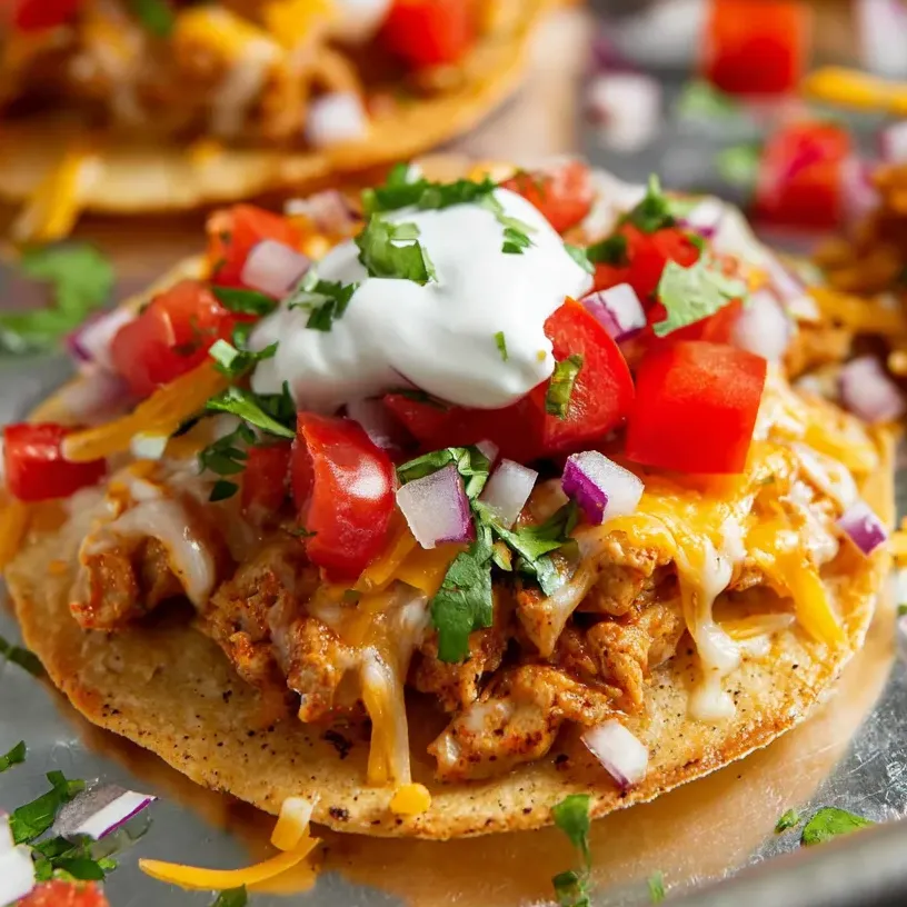 Crunchy mini tostadas stacked with toppings and a dollop of white sauce.