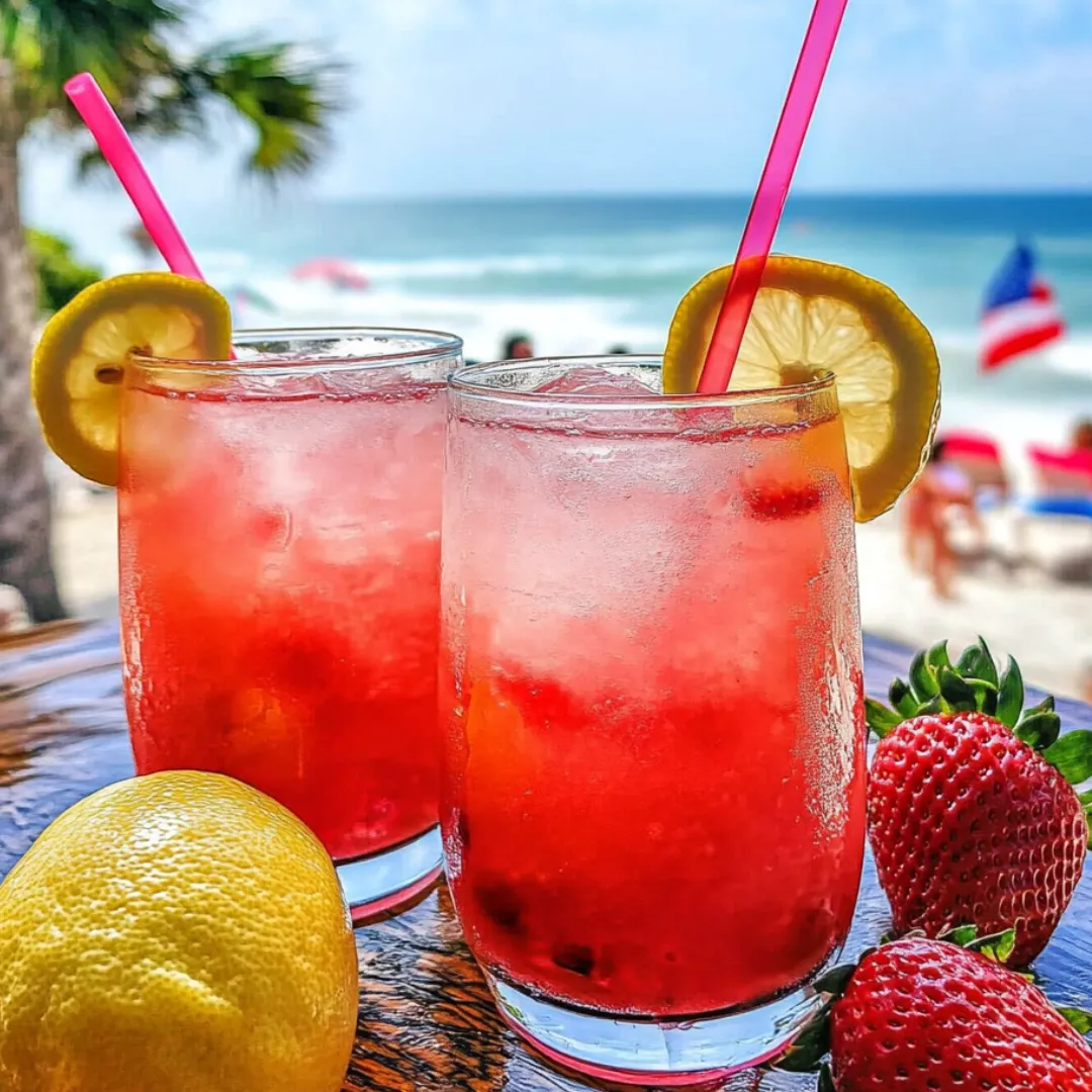 Pink lemonade in two glasses topped with lemon slices, sitting on a table.
