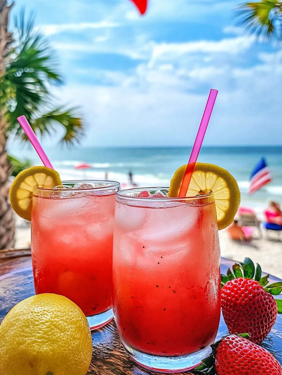 Two glasses filled with bright pink lemonade, garnished with lemons and strawberries.